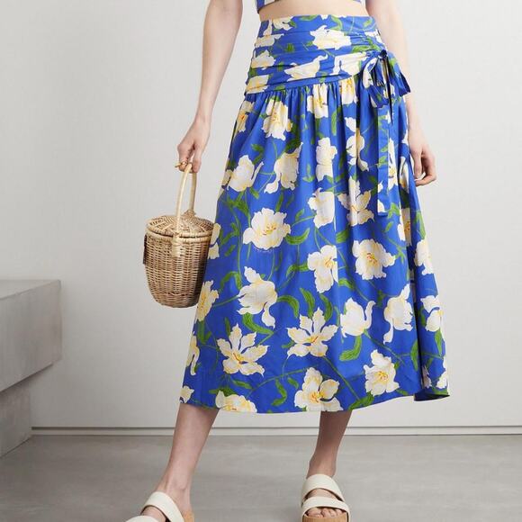 Cara Cara Kayla Floral Midi Skirt NEW Blue Holland Tulips Pleated Poplin NWT 4 - Picture 1 of 7